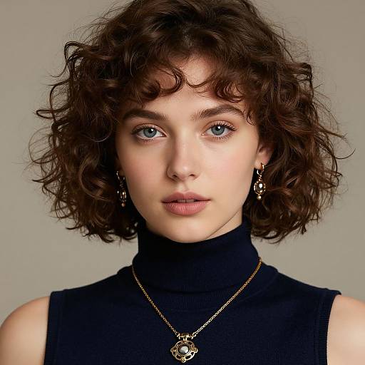 Photograph of a fair-skinned woman with short, curly brown hair, blue eyes, wearing a black turtleneck, gold necklace, and dangling
