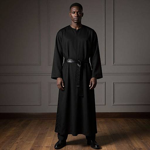 Photograph of a tall, muscular Black man in a long, black, belted robe, standing against a gray-paneled wall, on wooden floor
