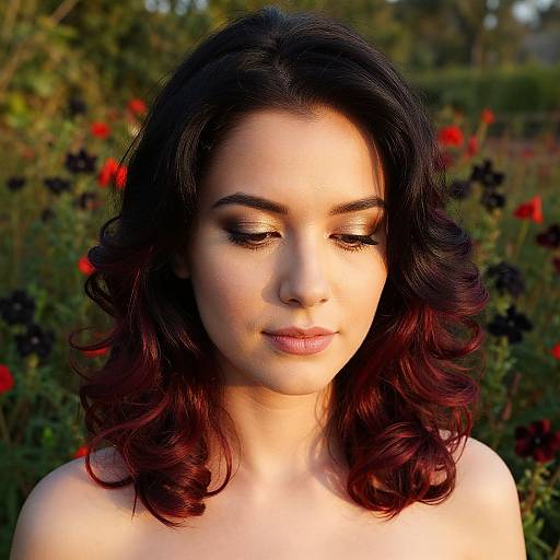 Photograph of a young woman with dark, wavy hair, closed eyes, and subtle makeup, standing outdoors with a blurred background of green foliage and