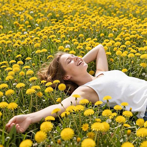 Photograph of a smiling woman with brown hair, wearing a white sleeveless top, lying in a vast yellow dandelion field, arms outst