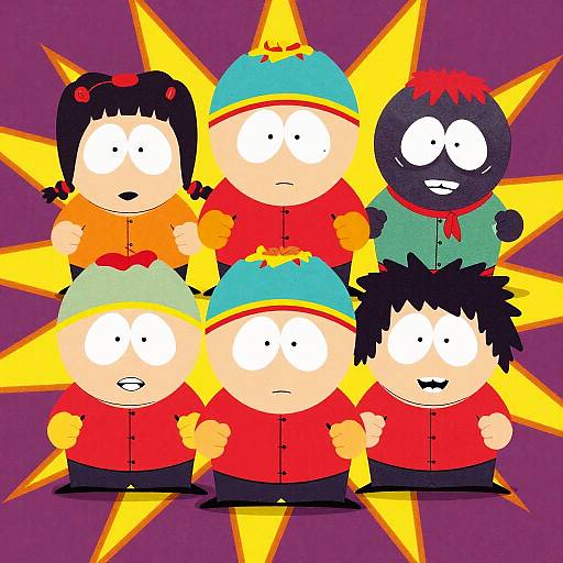 Cartoon-style illustration of six characters with wide eyes, wearing red shirts and blue hats, set against a purple background with yellow starburst patterns. Each