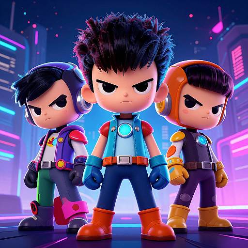 Digital art of three chibi-style, anime-inspired characters in futuristic outfits with determined expressions, standing back-to-back in a neon-lit cityscape.