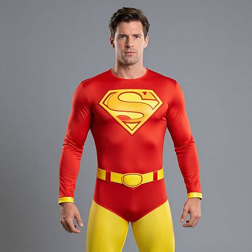 Photograph of a muscular man with short dark hair, wearing a red Superman costume with yellow belt and yellow pants, standing against a gray background.