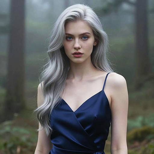 Photograph of a pale-skinned, silver-haired woman with blue eyes, wearing a black, V-neck dress, standing in a misty forest.