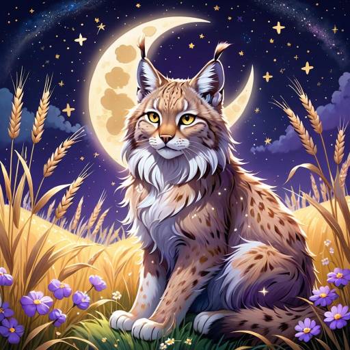 Dreamy Lynx in Wheat Field at Night
