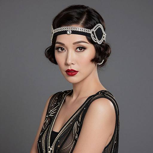 Photograph of an Asian woman with short black hair, wearing a sparkling headband, red lipstick, and a black beaded dress, against a gray