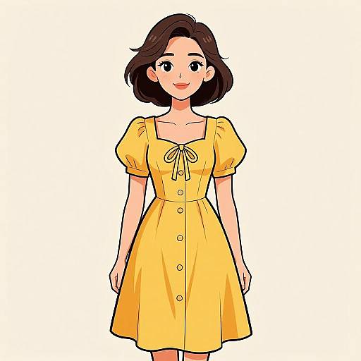 Digital illustration of a smiling young woman with short brown hair, wearing a yellow, puffed-sleeve dress with buttons and a ribbon tie.
