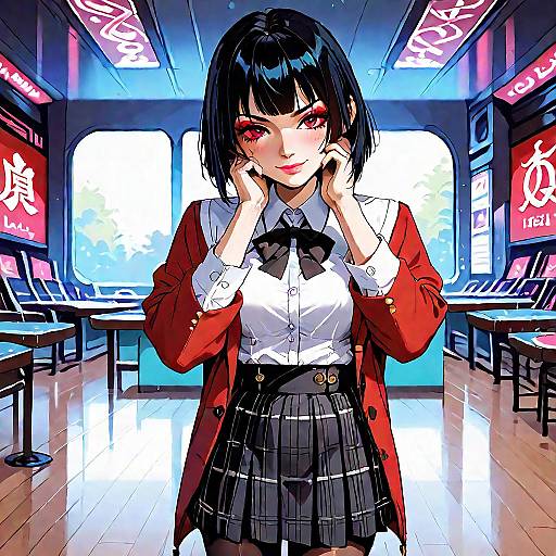 Anime-style digital illustration of a cute, black-haired girl with red eyes, wearing a red blazer, white shirt, black bowtie, and pl