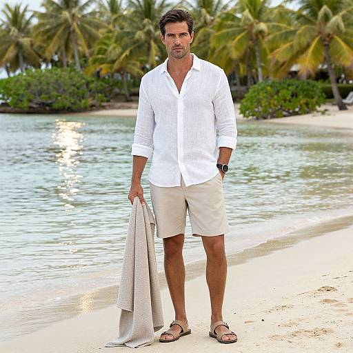 Photograph of a handsome, fit man in a white shirt, beige shorts, and sandals, holding a towel on a tropical beach with palm trees and