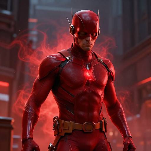 CGI image of The Flash in a red, high-tech suit with a glowing red chest emblem, standing in a dark, urban street with red energy