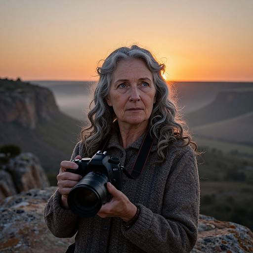 Photograph of an older woman with long gray hair, wearing a brown woolen coat, holding a camera, against a sunset-lit mountain landscape.