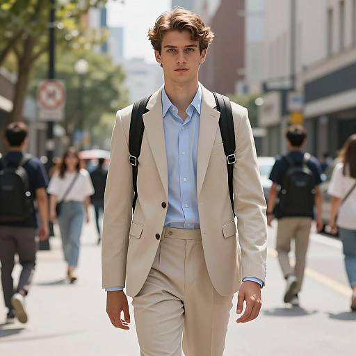 Stylish Young Man in Beige Suit Walking in City