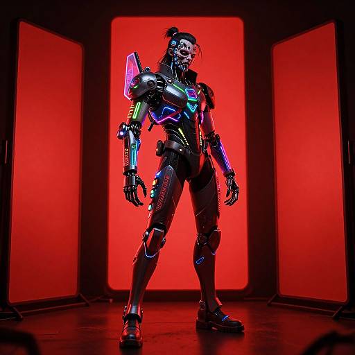 Photograph of a futuristic, neon-lit humanoid robot with glowing blue, pink, and green accents, standing against a vivid red illuminated background in a