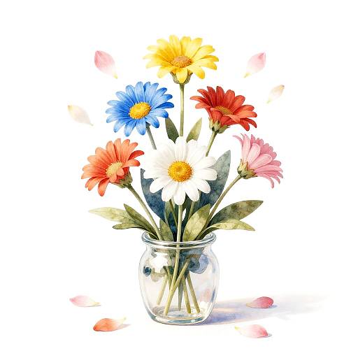 Watercolor Bouquet of Multi-colored Daisies in Glass Vase