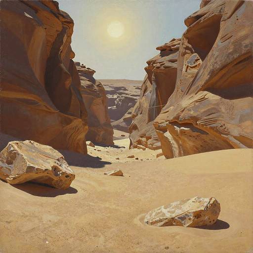 Photograph of a sunlit desert canyon with towering, eroded sandstone cliffs, sandy ground, and scattered large rocks under a bright blue sky.