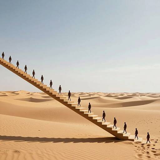 Photograph of silhouetted people climbing a diagonal staircase through a vast, sunlit desert with rippled sand and clear blue sky.