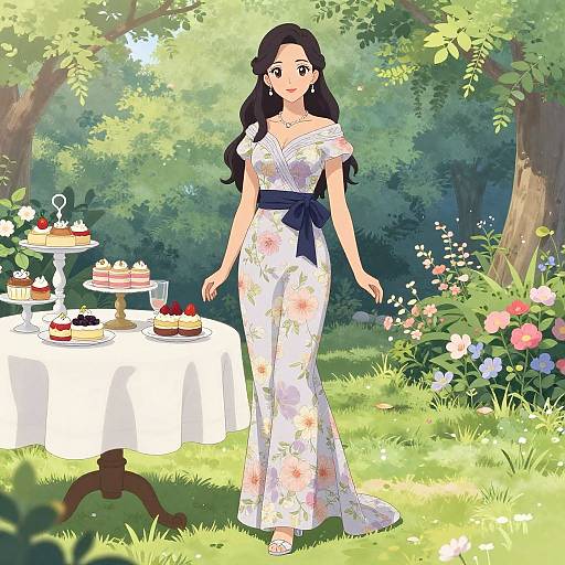 Digital anime-style drawing of a beautiful woman with long black hair, wearing a floral off-shoulder dress, standing in a sunny garden with a cake