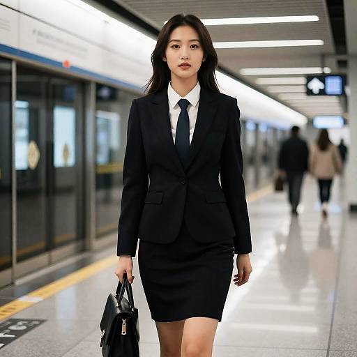 Professional Woman in Black Suit at Subway Station