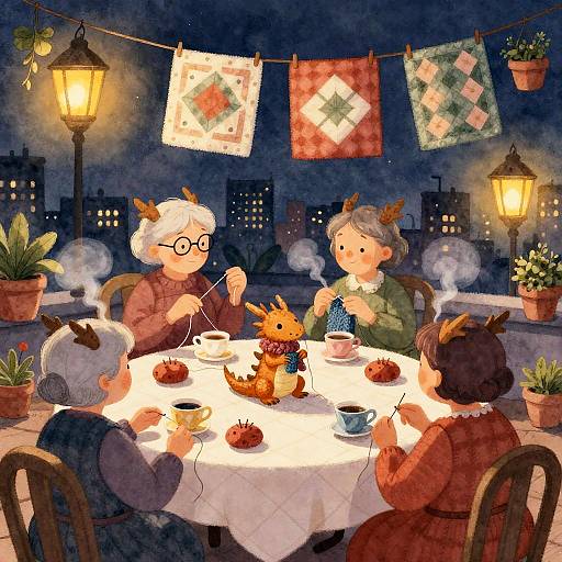 Evening Sewing Circle with Dragons in Rooftop Garden
