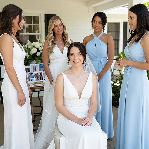Photograph of five women: bride in white dress and veil, four bridesmaids in white and light blue dresses, standing outdoors. Bright daylight, white