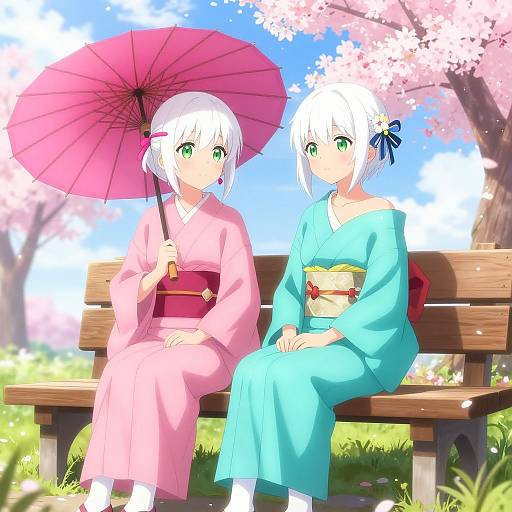 Anime-style digital illustration of two white-haired girls in kimonos, one in pink with an umbrella, the other in blue, sitting on a bench