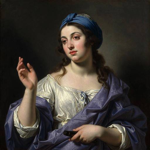 Baroque-style portrait of a young woman with fair skin, dark curly hair, blue headscarf, white lace dress, and purple shawl,