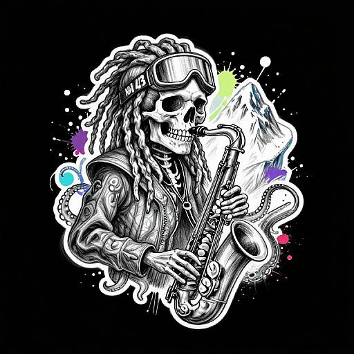 Vibrant digital artwork of a skull with dreadlocks, wearing a VR headset, playing a saxophone, surrounded by colorful splatters on a black