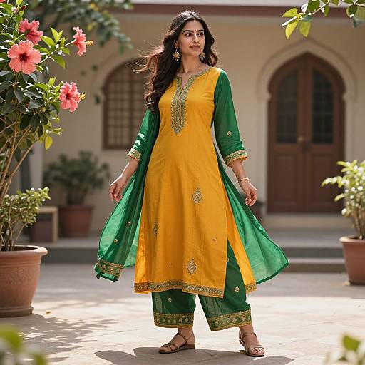 Vibrant Saffron-Emerald Kurti Design