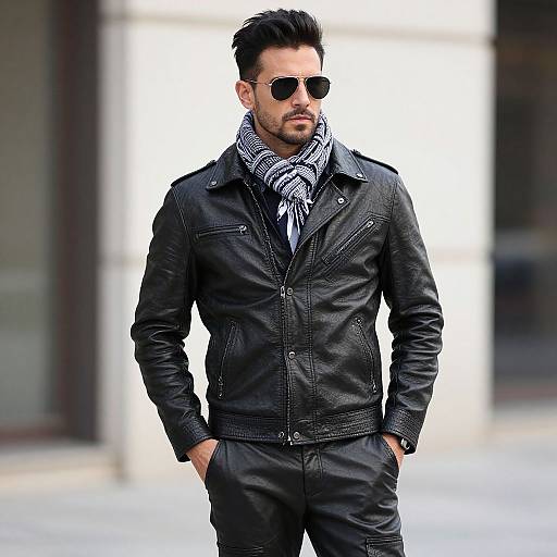 Photograph of a stylish man with dark hair, sunglasses, black leather jacket, striped scarf, and black pants, standing confidently outdoors.