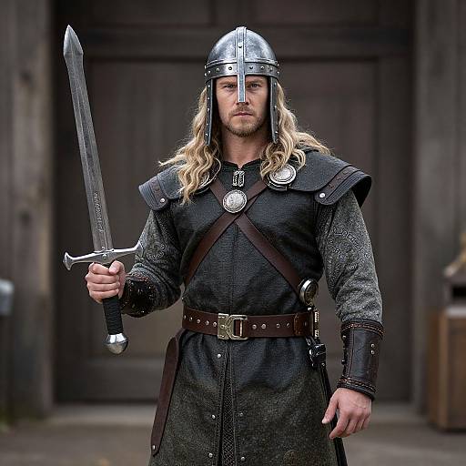 Photograph of a muscular, blonde Viking warrior with long hair, wearing a steel helmet, black chainmail, and brown leather belt, holding a sword