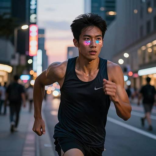 Photograph of a muscular Asian man jogging in a city street at dusk, wearing a black tank top and shorts, with colorful light reflections on his face