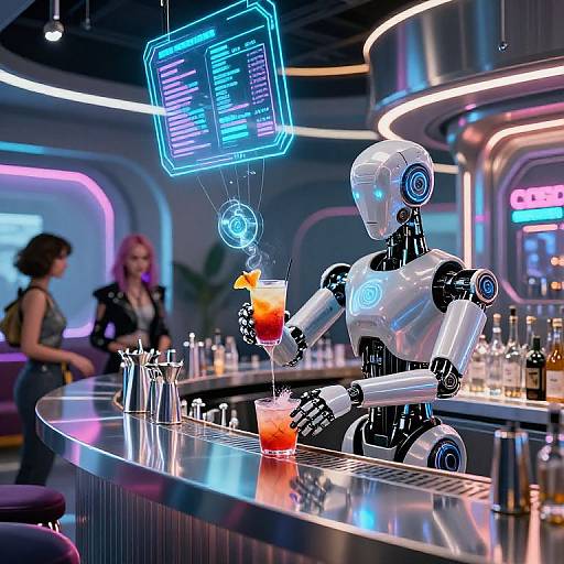 Photograph of a futuristic bar with a glowing neon menu above a white robot bartender serving a bright orange cocktail. Two women in the background.