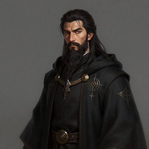 Digital artwork of a stern, bearded man with long black hair, wearing a dark, ornate cloak with symbols, set against a gray background.