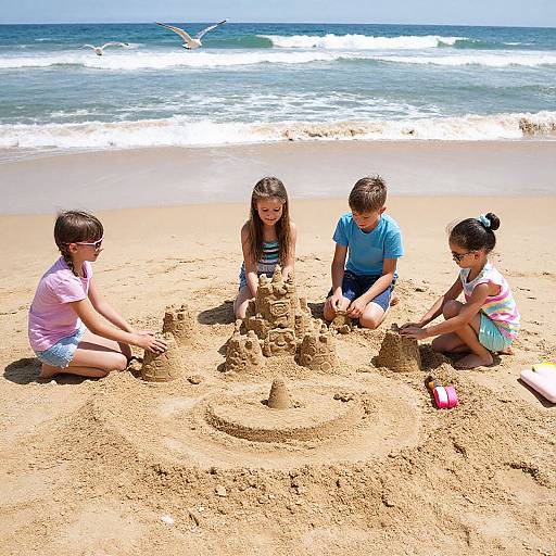 Four children building a sandcastle on a sunny beach, with waves and seagulls in the background, wearing colorful summer clothes.
