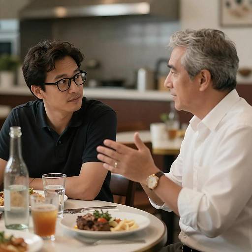 Two Men Conversing at Dinner Table