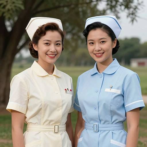 Photograph of two smiling Asian women in vintage nurse uniforms; one in white, one in light blue, standing outdoors with trees.