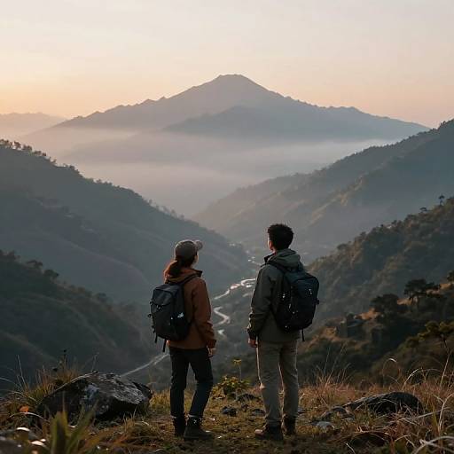 Photograph of a couple standing on a rocky hilltop, facing a misty mountain range at sunrise, wearing backpacks and outdoor gear.