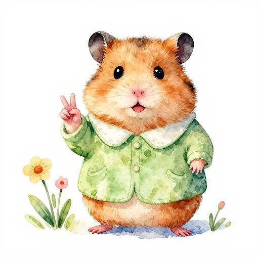 Watercolor illustration of a cute, orange-brown hamster wearing a green jacket, standing and waving with small flowers in the background.