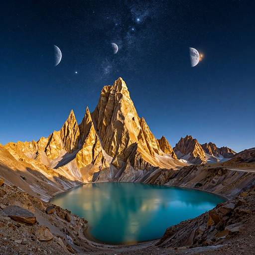 Photograph of a glowing, jagged mountain peak illuminated by sunlight, surrounded by a serene blue lake under a starry night sky with visible crescent