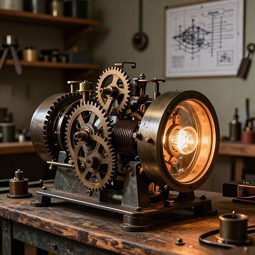 Photograph of a detailed, illuminated mechanical gear assembly on a wooden workbench, showcasing interlocking gears and a glowing light bulb, set in a dim