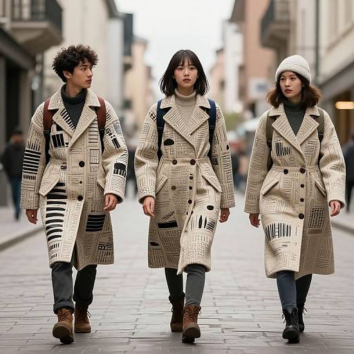 Photograph of three diverse people walking down a city street, wearing beige, geometric-patterned trench coats, black shirts, and brown boots. Urban background