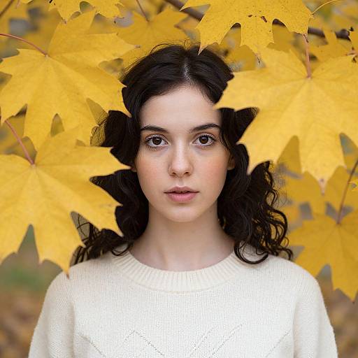 Photograph of a young woman with fair skin, dark curly hair, and brown eyes, wearing a white sweater, surrounded by bright yellow autumn leaves.