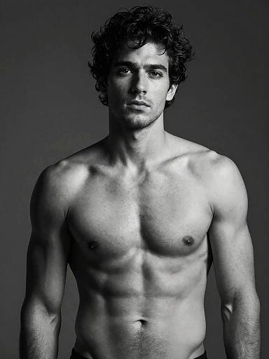 Black-and-white photograph of a muscular, shirtless young man with curly hair, defined abs, and intense gaze against a dark background.