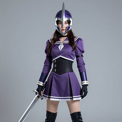 Photograph of a woman in a purple samurai-style school uniform, helmet with a central spike, holding a sword, black gloves, and thigh-high