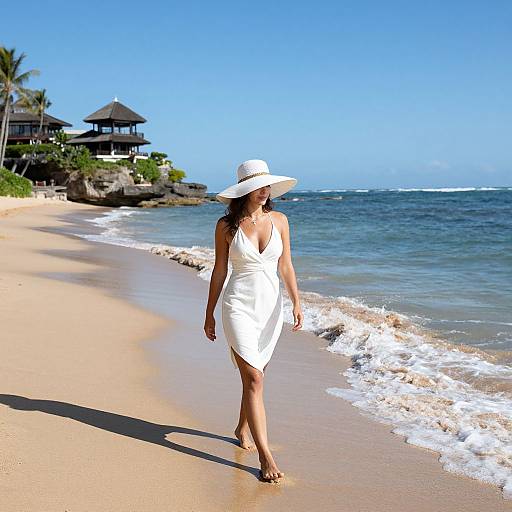 Photograph of a woman in a white sundress and sunhat walking on a sunny, empty beach with clear blue ocean and tropical hut in the background