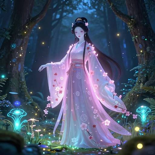 Digital fantasy artwork of a glowing, ethereal Asian woman in a translucent kimono adorned with flowers and bioluminescent lights, standing in a mystical
