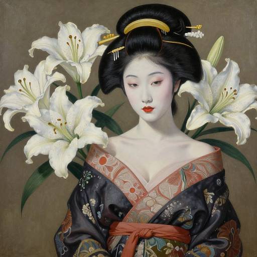 Digital painting of a serene Asian woman in a traditional black kimono with floral patterns, red obi, and black hair up, surrounded by white l