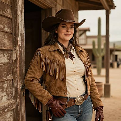 Photograph of a smiling Latina woman in a brown cowboy hat, fringe jacket, white shirt, blue jeans, and brown gloves, leaning against an old