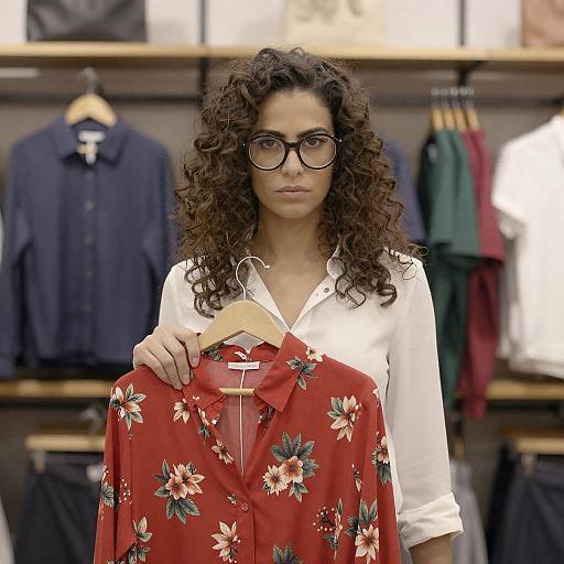 Woman in Floral Blouse at Clothing Store