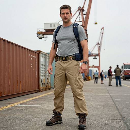 Photograph of muscular man with short dark hair, gray t-shirt, beige cargo pants, black boots, backpack, standing in industrial port.